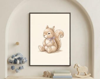Vintage Squirrel Wall Art Print – Cozy Nursery Decor | Woodland Friends Collection