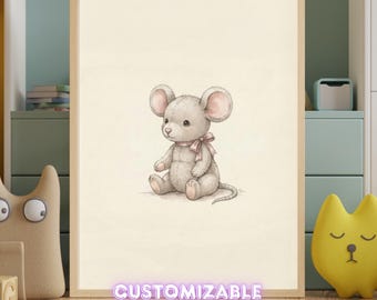 Vintage Mouse Wall Art Print – Neutral Nursery Decor | Woodland Animal Art