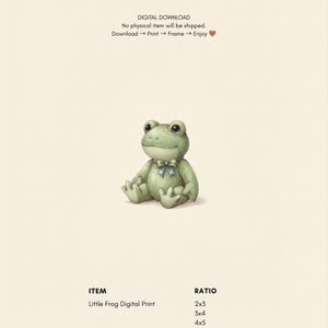 K&ouml;nnte beinhalten: Ein digitaler Druck mit einer hellgr&uuml;nen Froschillustration und einer kleinen blauen Fliege. Der Text lautet: DIGITAL DOWNLOAD, No physical item will be shipped, Download -> Print -> Frame -> Enjoy, ITEM Little Frog Digital Print, RATIO 2x3, 3x4, 4x5, ISO.