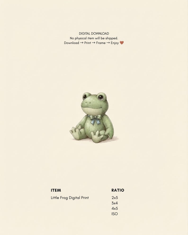K&ouml;nnte beinhalten: Ein digitaler Druck mit einer hellgr&uuml;nen Froschillustration und einer kleinen blauen Fliege. Der Text lautet: DIGITAL DOWNLOAD, No physical item will be shipped, Download -> Print -> Frame -> Enjoy, ITEM Little Frog Digital Print, RATIO 2x3, 3x4, 4x5, ISO.