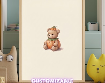 Vintage Pumpkin Teddy Wall Art Print – Halloween Nursery Decor | A Little Bit Spooky Collection