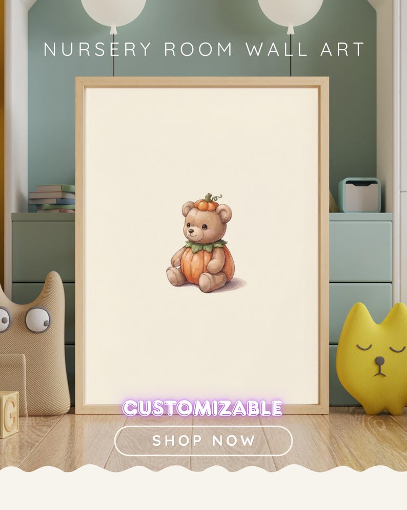 Vintage Pumpkin Teddy Wall Art Print – Cozy Halloween Nursery Decor | A Little Bit Spooky Collection image 2