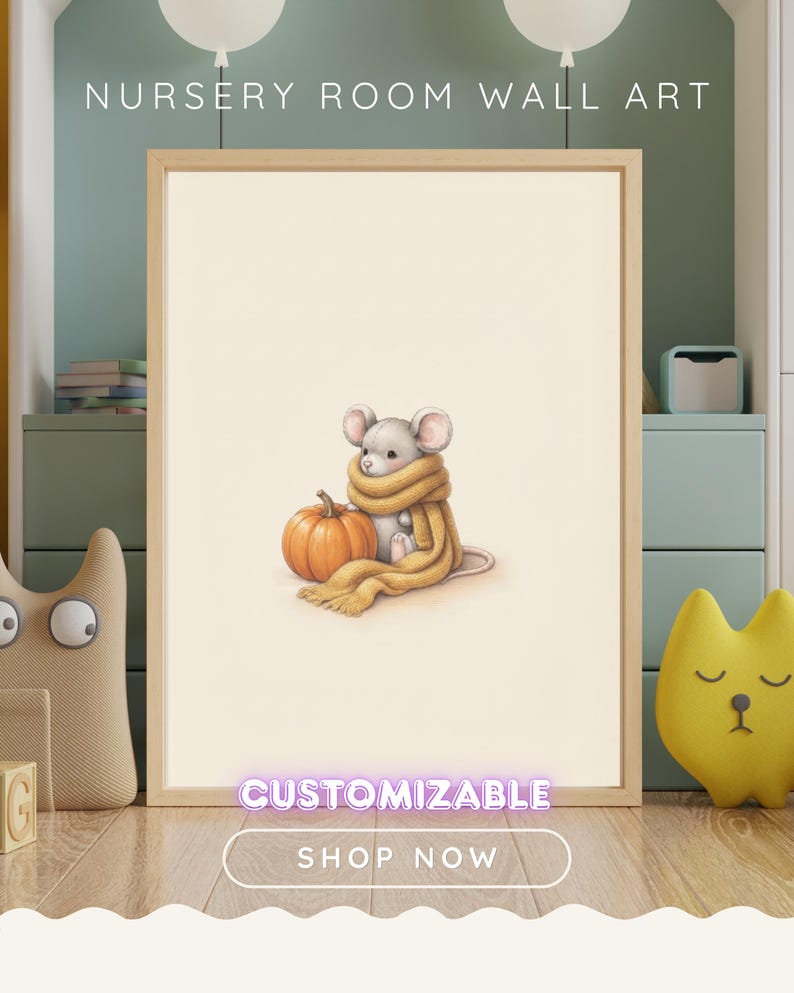Vintage Autumn Mouse Wall Art Print – Cozy Fall Nursery Decor | Sweater Weather Friends Collection image 1