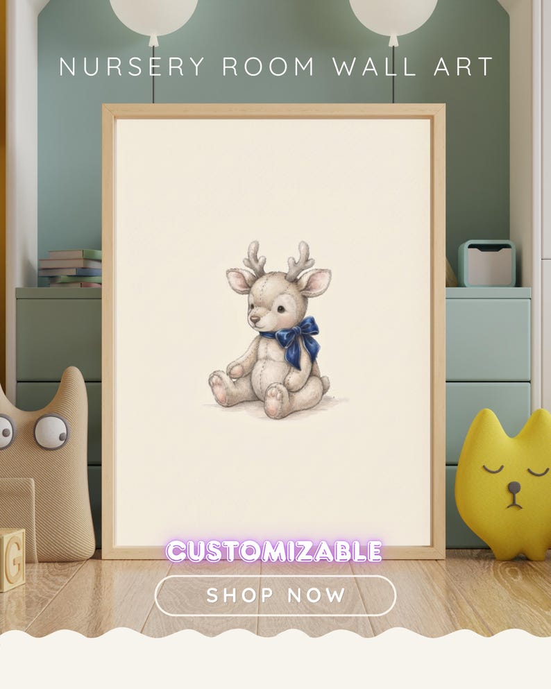Vintage Reindeer Wall Art Print – Neutral Nursery Decor | Little Ones Collection imagen 1