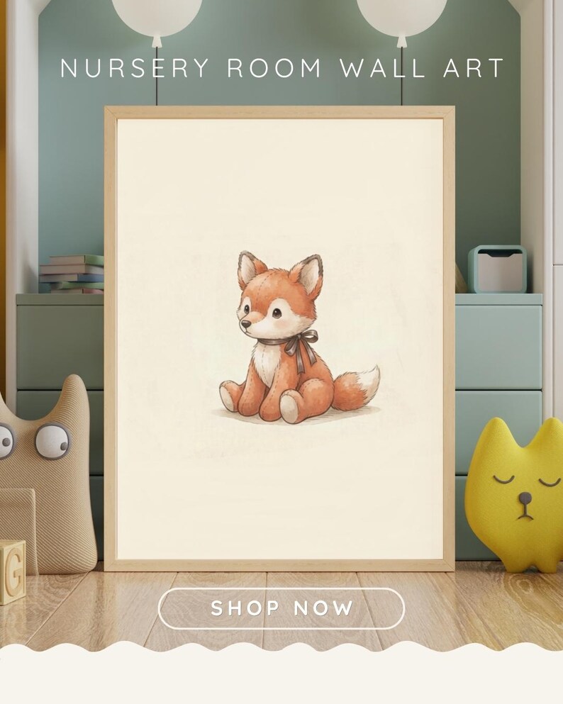 Vintage style digital art print of a cute plush fox toy with a ribbon, hanging in a neutral baby nursery frame.