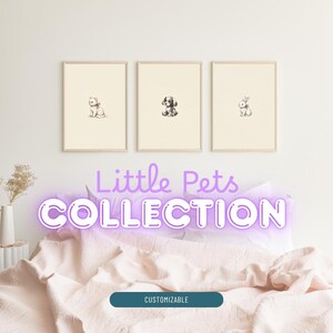 May include: Three framed wall art prints featuring minimalist line drawings of a kitten, a puppy, and a rabbit, each with a small bow. The text Little Pets COLLECTION is displayed in purple, and a button labeled CUSTOMIZABLE is visible below.