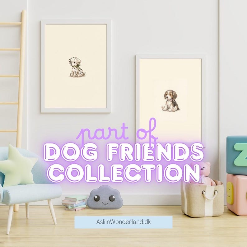 May include: Two framed wall art prints featuring a small spotted Dalmatian puppy and a small brown and white beagle puppy. The text "part of DOG FRIENDS COLLECTION" is overlaid in purple, and "AsliinWonderland.dk" appears at the bottom.