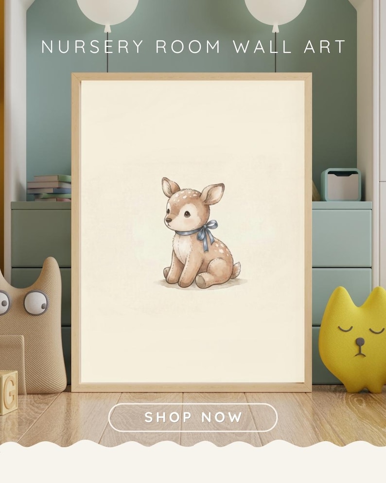 Nursery wall art mockup showing a vintage-style digital print of a cute fawn plush toy with a blue ribbon in a wooden frame, set against a cozy green and beige child's room background with toys.