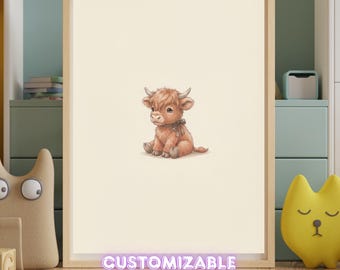 Vintage Highland Cow Wall Art Print – Neutral Nursery Decor | Woodland Animal Art