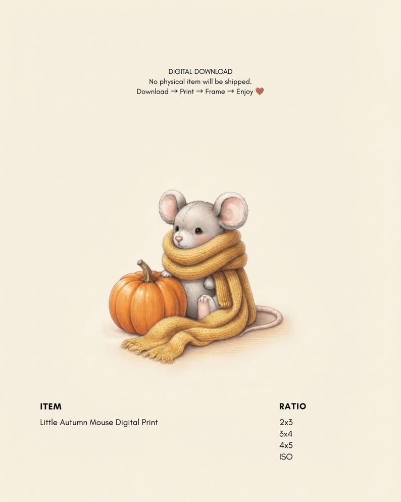Vintage Autumn Mouse Wall Art Print – Cozy Fall Nursery Decor | Sweater Weather Friends Collection image 2