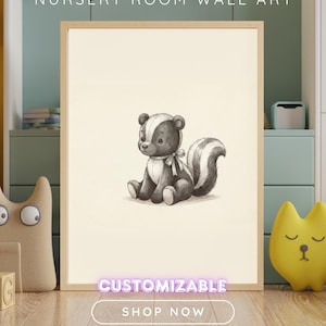 Vintage Skunk Wall Art Print – Neutral Nursery Decor | Woodland Animal Art image 1