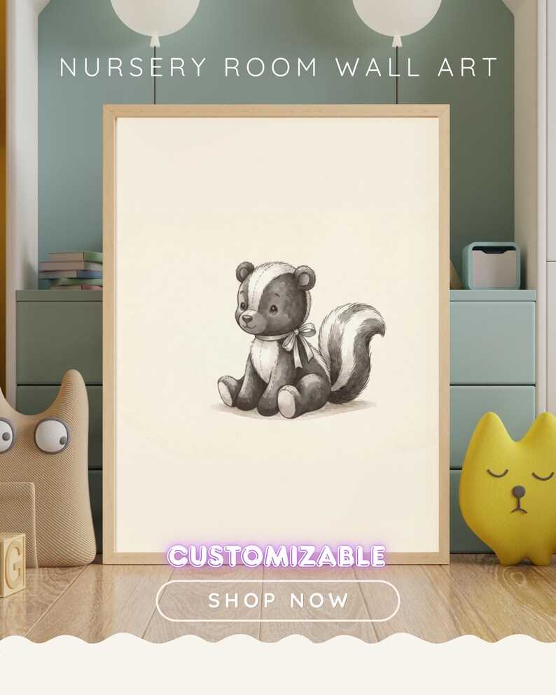Vintage Skunk Wall Art Print – Neutral Nursery Decor | Woodland Animal Art image 1