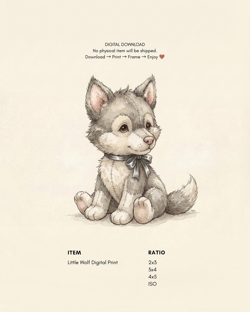 Puede incluir: Una impresi&oacute;n digital de un cachorro de lobo de peluche gris y blanco con costuras visibles, una cinta gris oscuro alrededor del cuello y ojos marrones. El texto dice: DIGITAL DOWNLOAD, No physical item will be shipped, Download, Print, Frame, Enjoy, ITEM, Little Wolf Digital Print, RATIO, 2x3, 3x4, 4x5, ISO.