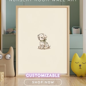 May include: A framed wall art print featuring a small, cream-colored puppy with black spots and a green ribbon around its neck, centered on a light beige background. The text NURSERY ROOM WALL ART, CUSTOMIZABLE, and SHOP NOW are visible.