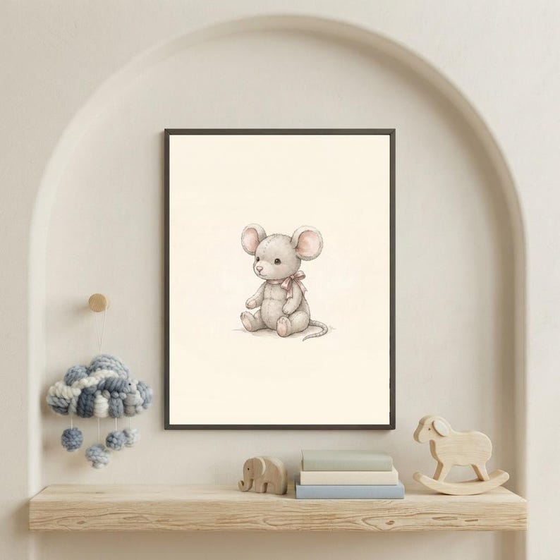 Vintage Mouse Wall Art Print – Cozy Nursery Decor | Woodland Friends Collection image 1