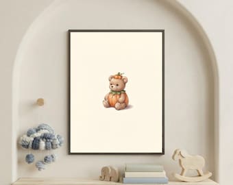 Vintage Pumpkin Teddy Wall Art Print – Cozy Halloween Nursery Decor | A Little Bit Spooky Collection