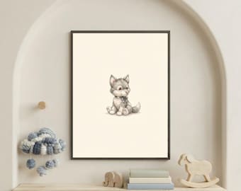 Vintage Wolf Wall Art Print – Cozy Nursery Decor | Woodland Friends Collection