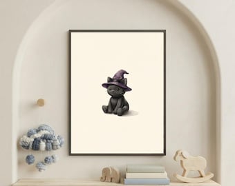 Vintage Witchy Cat Wall Art Print – Cozy Halloween Nursery Decor | A Little Bit Spooky Collection