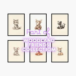 Puede incluir: Seis l&aacute;minas de arte mural enmarcadas con ilustraciones en acuarela de un lobo, ciervo, mofeta, rat&oacute;n, zorro y cervatillo. El texto Part of WOODLAND FRIENDS COLLECTIOM est&aacute; superpuesto en color morado sobre un fondo de color crema.