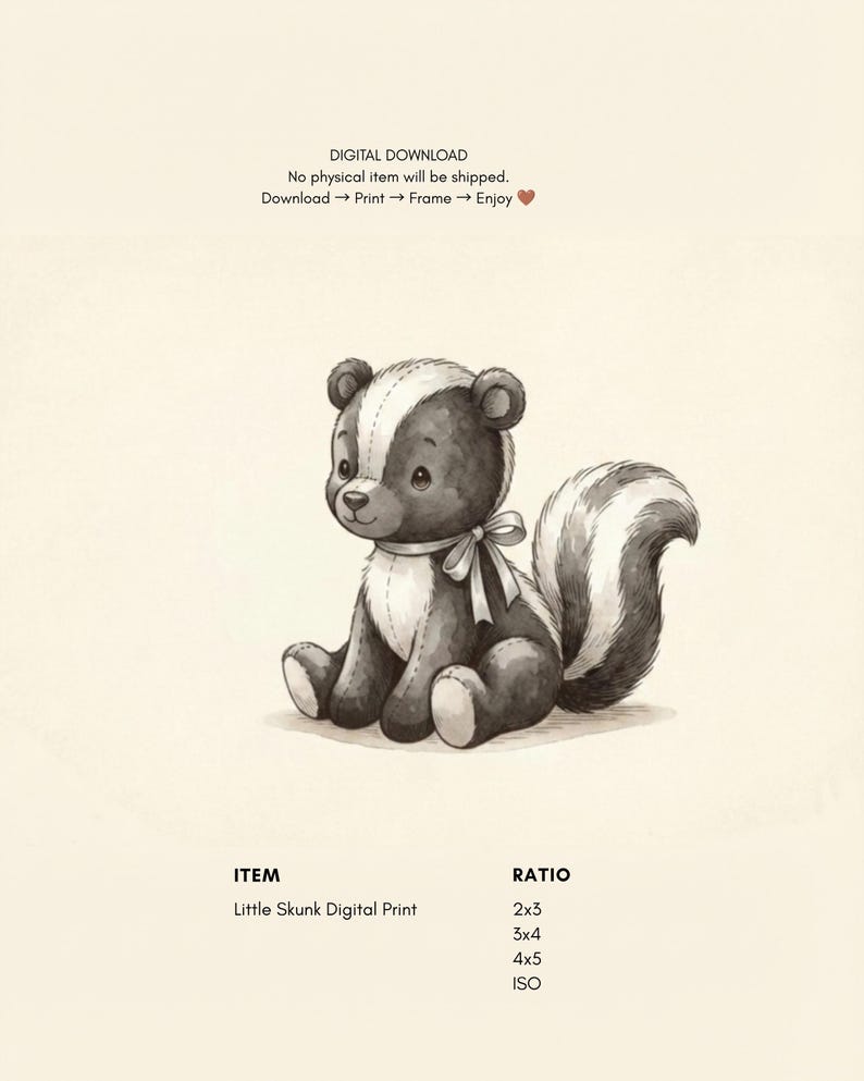 Vintage Skunk Wall Art Print – Neutral Nursery Decor | Woodland Animal Art image 2