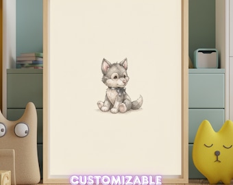 Vintage Wolf Wall Art Print – Neutral Nursery Decor | Woodland Animal Art