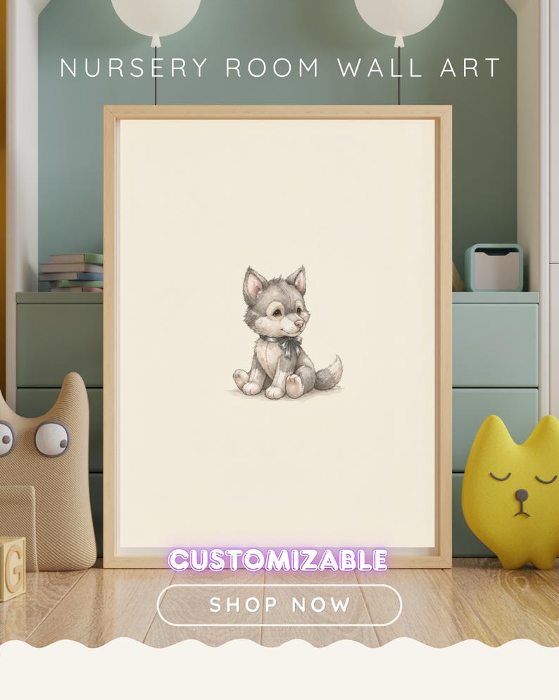 Puede incluir: Un cuadro decorativo enmarcado con una ilustraci&oacute;n centrada de un cachorro peque&ntilde;o de color gris y blanco sentado. El cachorro lleva una cinta oscura alrededor del cuello. El texto NURSERY ROOM WALL ART aparece arriba, y CUSTOMIZABLE y SHOP NOW abajo.