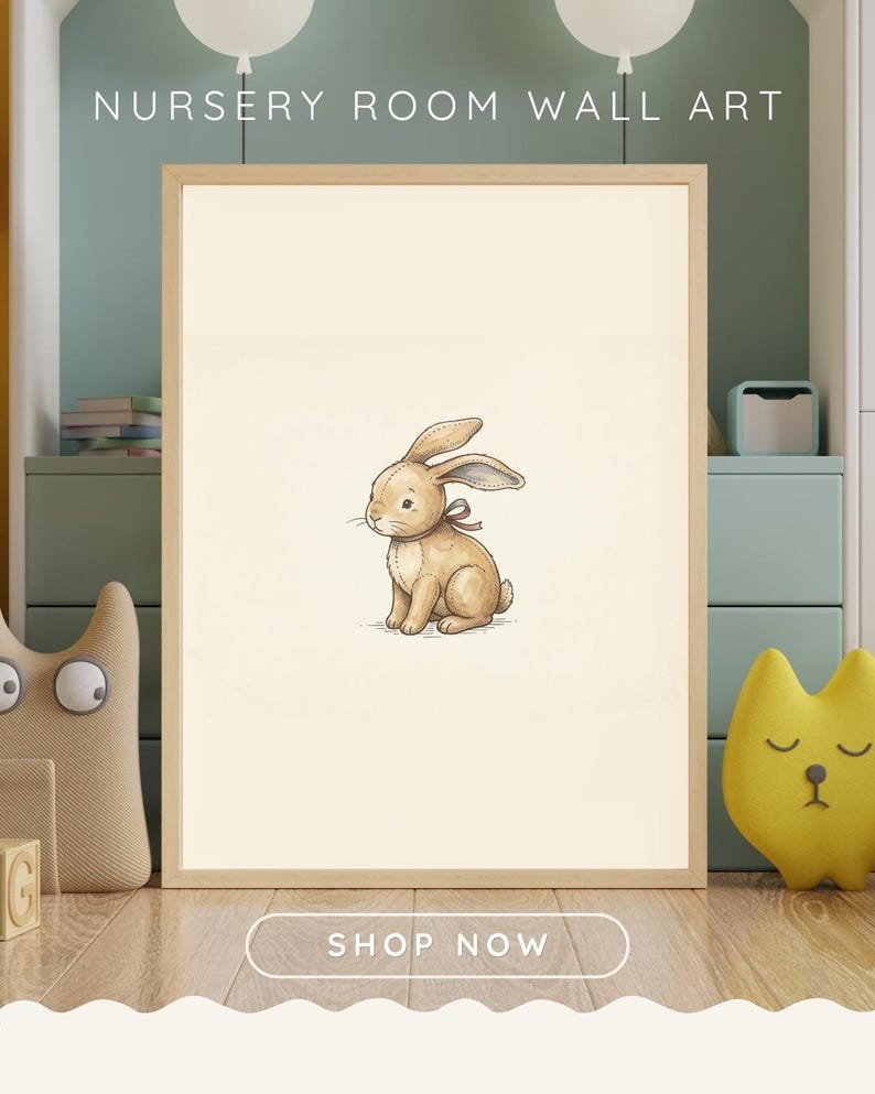 Nursery wall art mockup showing a vintage-style digital print of a cute bunny plush toy with a red ribbon in a wooden frame, set against a cozy green and beige child's room background with toys.