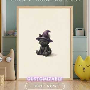 Vintage Witchy Cat Wall Art Print – Halloween Nursery Decor | A Little Bit Spooky Collection image 1