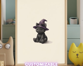 Vintage Witchy Cat Wall Art Print – Halloween Nursery Decor | A Little Bit Spooky Collection