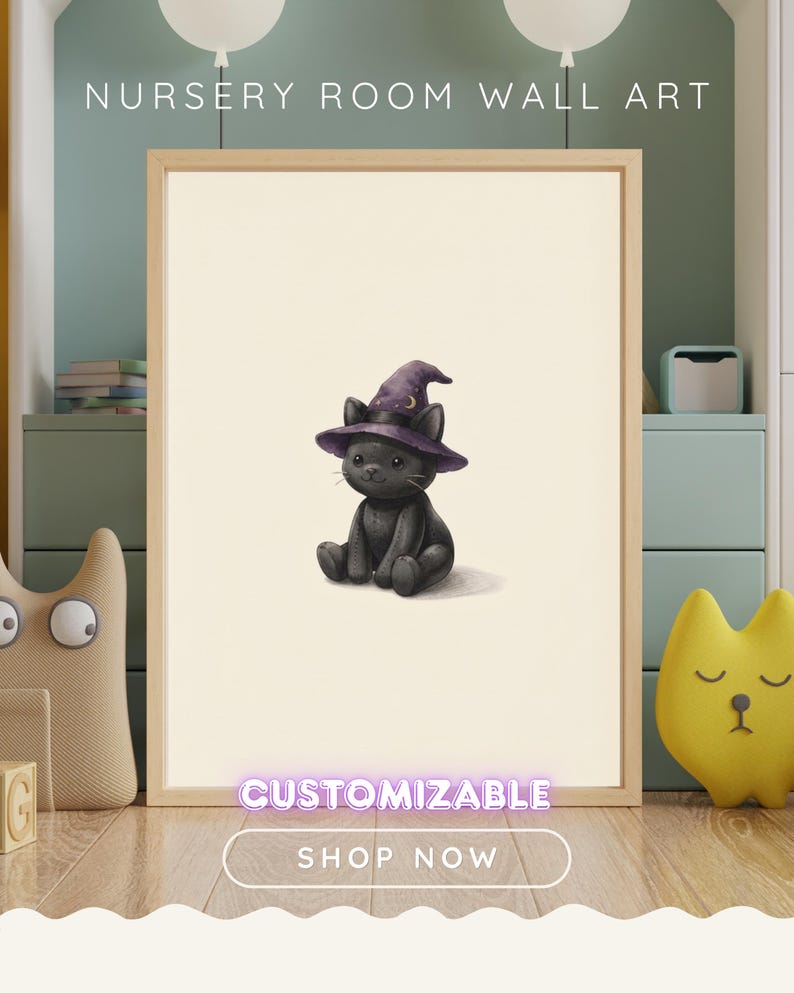 Vintage Witchy Cat Wall Art Print – Halloween Nursery Decor | A Little Bit Spooky Collection image 1