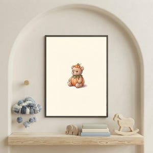 Vintage Pumpkin Teddy Wall Art Print – Cozy Halloween Nursery Decor | A Little Bit Spooky Collection image 1