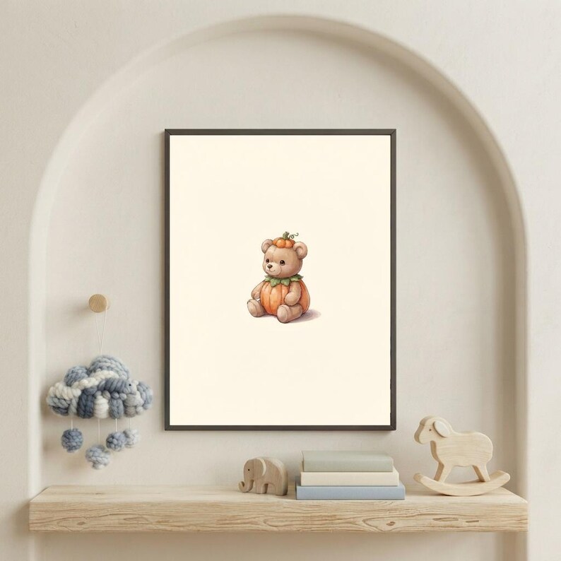 Vintage Pumpkin Teddy Wall Art Print – Cozy Halloween Nursery Decor | A Little Bit Spooky Collection image 1