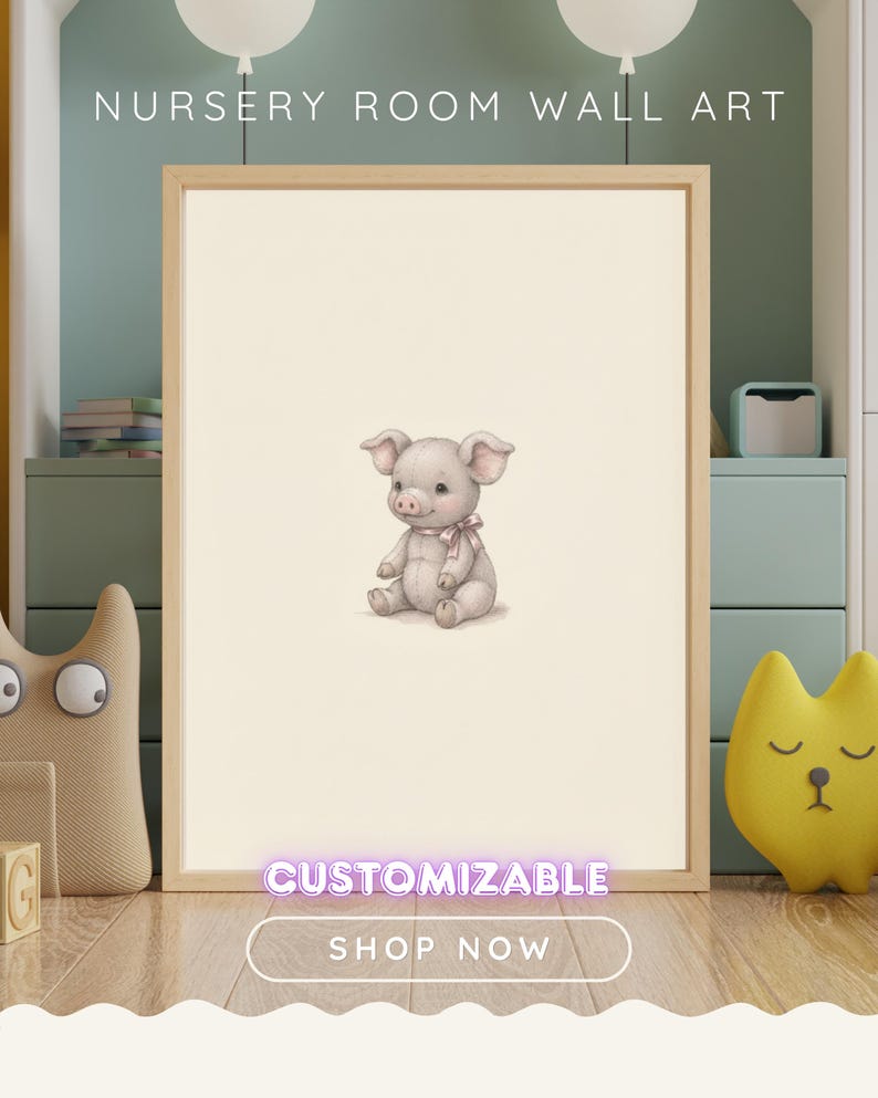 Vintage Baby Piglet Wall Art Print – Neutral Nursery Decor | Farm Friends Collection bild 1