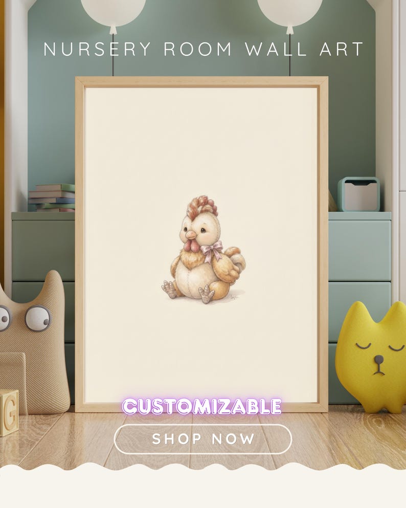 Vintage Rooster Wall Art Print – Neutral Nursery Decor | Farm Friends Collection image 1