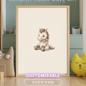 May include: A framed wall art print featuring a light brown cartoon horse sitting down with a small bow around its neck. The text NURSERY ROOM WALL ART is at the top, with CUSTOMIZABLE and SHOP NOW buttons visible at the bottom of the image frame.