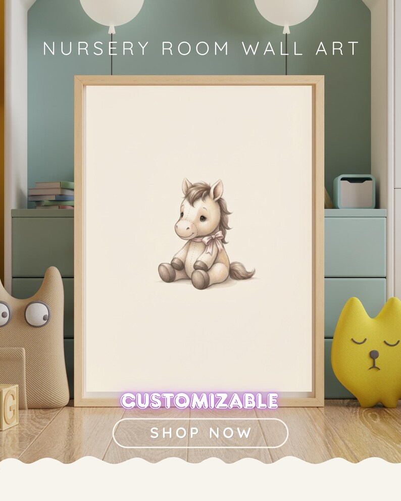 May include: A framed wall art print featuring a light brown cartoon horse sitting down with a small bow around its neck. The text NURSERY ROOM WALL ART is at the top, with CUSTOMIZABLE and SHOP NOW buttons visible at the bottom of the image frame.