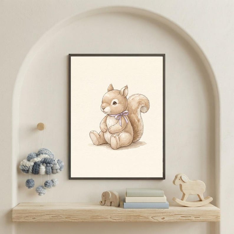 Vintage Squirrel Wall Art Print – Cozy Nursery Decor | Woodland Friends Collection imagen 1