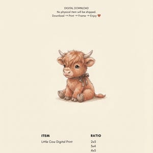 Puede incluir: Una impresi&oacute;n digital de un ternero Highland marr&oacute;n y esponjoso con cuernos peque&ntilde;os y una cinta oscura alrededor del cuello. Texto: DIGITAL DOWNLOAD, No physical item will be shipped. Download -> Print -> Frame -> Enjoy, ITEM Little Cow Digital Print, RATIO 2x3, 3x4, 4x5, ISO.