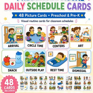 Puede incluir: Un conjunto de 48 tarjetas visuales de horario diario para preescolar con ilustraciones coloridas de actividades escolares como llegada, círculo, centros, arte, merienda, juego al aire libre, descanso y salida con etiquetas.