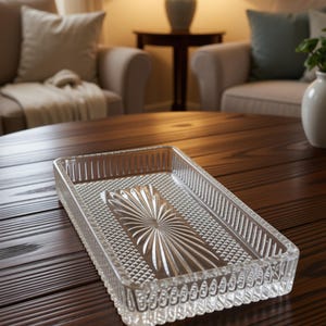 May include: A rectangular clear glass tray featuring a pressed pattern with a central sunburst motif surrounded by a textured grid design. The sides of the tray are elevated and decorated with vertical fluted ridges along the entire outer perimeter.