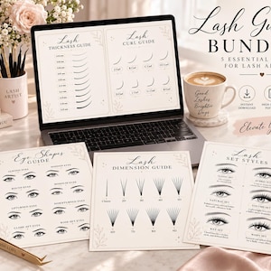 May include: A Lash Guide Bundle featuring five educational charts for lash artists. The set includes guides for lash thickness, curl types, eye shapes, dimensions, and set styles, displayed on a laptop screen and printed cards with black text.