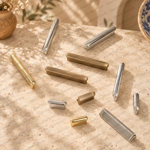 May include: A collection of metal cabinet pulls and knobs in various sizes and finishes, including polished silver, brushed gold, and matte brass. These hardware pieces feature a smooth, elongated, and rounded design for furniture.