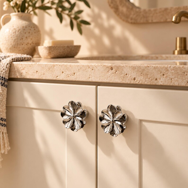 Silver Flower Knobs, Floral Cabinet Knobs, Chrome Drawer Knobs, Decorative Dresser Knobs, Modern Furniture Hardware imagen 10
