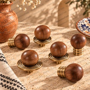 Walnut Wood Cabinet Knobs, Brass Drawer Pulls, Vintage Furniture Hardware, Mid Century Dresser Handles for Wardrobe Kitchen