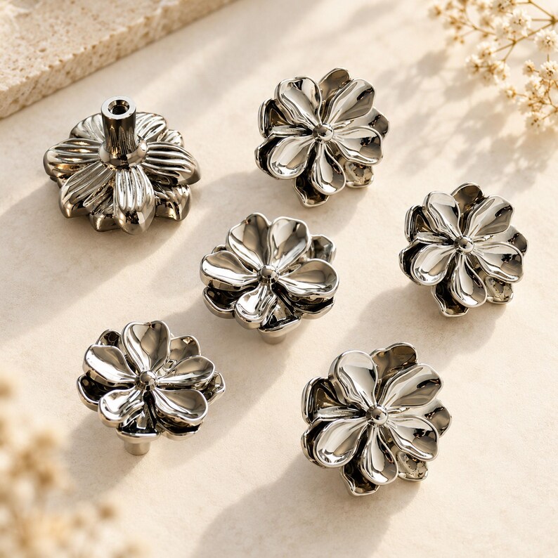 Silver Flower Knobs, Floral Cabinet Knobs, Chrome Drawer Knobs, Decorative Dresser Knobs, Modern Furniture Hardware imagen 9
