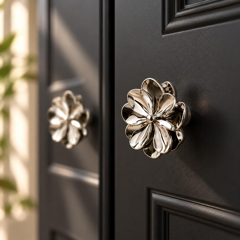 Silver Flower Knobs, Floral Cabinet Knobs, Chrome Drawer Knobs, Decorative Dresser Knobs, Modern Furniture Hardware imagen 11