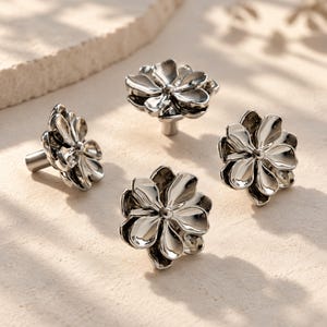 Silver Flower Knobs, Floral Cabinet Knobs, Chrome Drawer Knobs, Decorative Dresser Knobs, Modern Furniture Hardware imagen 8