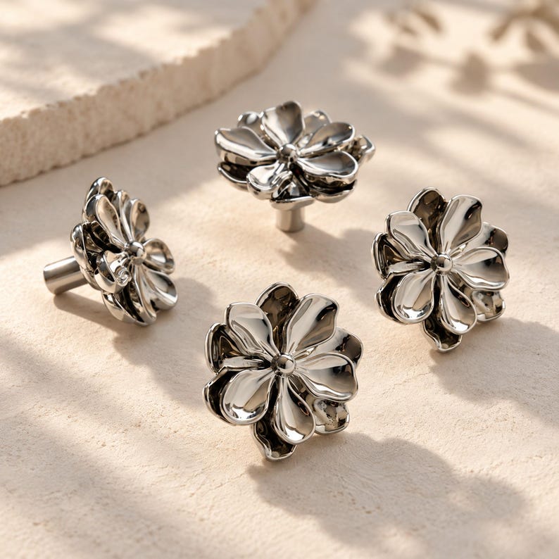 Silver Flower Knobs, Floral Cabinet Knobs, Chrome Drawer Knobs, Decorative Dresser Knobs, Modern Furniture Hardware imagen 8