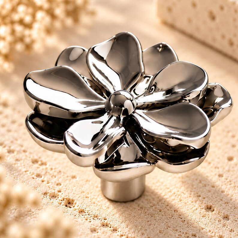 Silver Flower Knobs, Floral Cabinet Knobs, Chrome Drawer Knobs, Decorative Dresser Knobs, Modern Furniture Hardware imagen 7