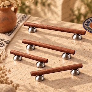 Walnut Cabinet Handles, Wood Drawer Pulls, Silver Brass Furniture Hardware, Mid Century Modern Cabinet Handle